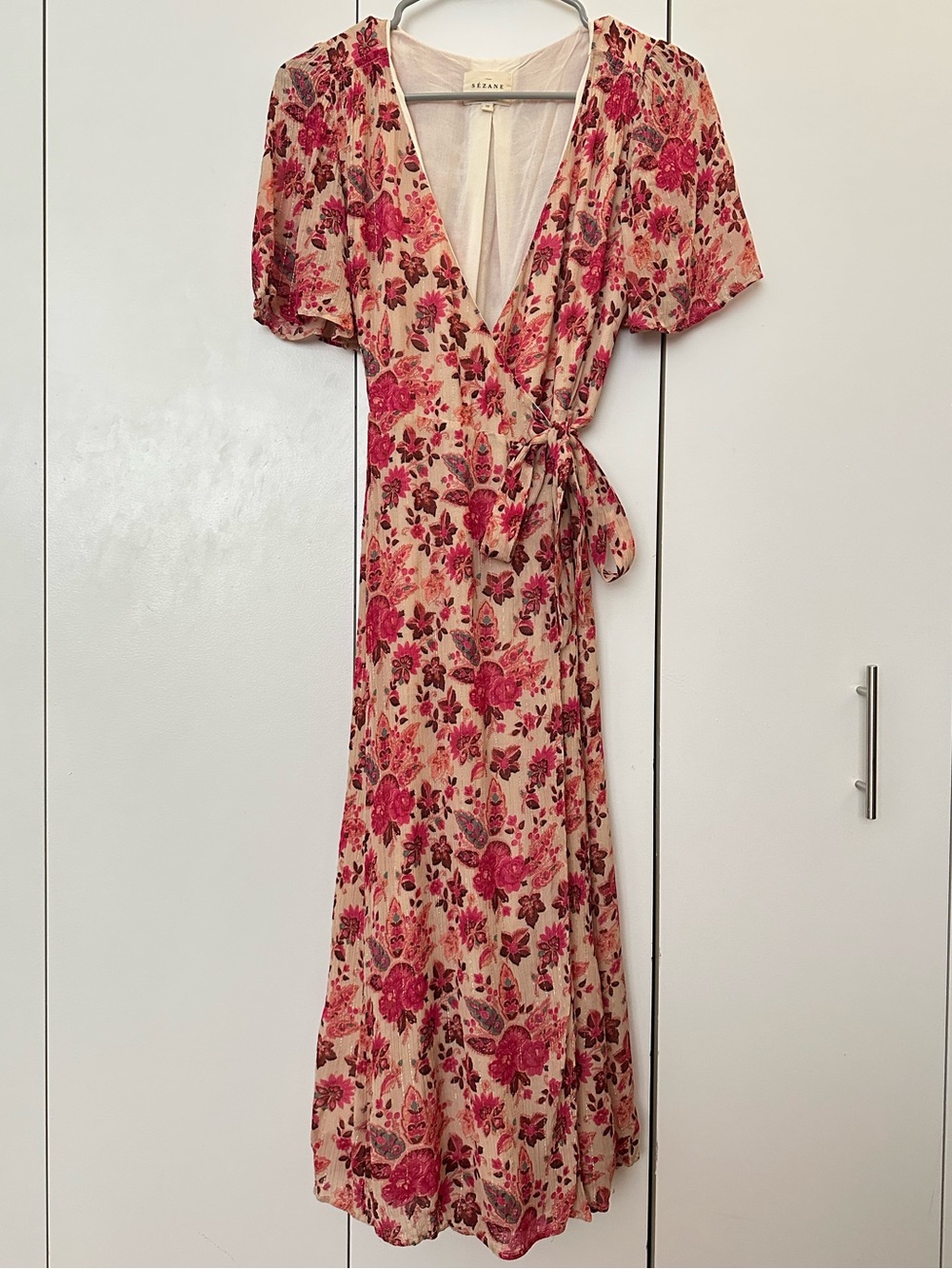 Sezane Beige Midi Wrap Dress with Pink Floral Print